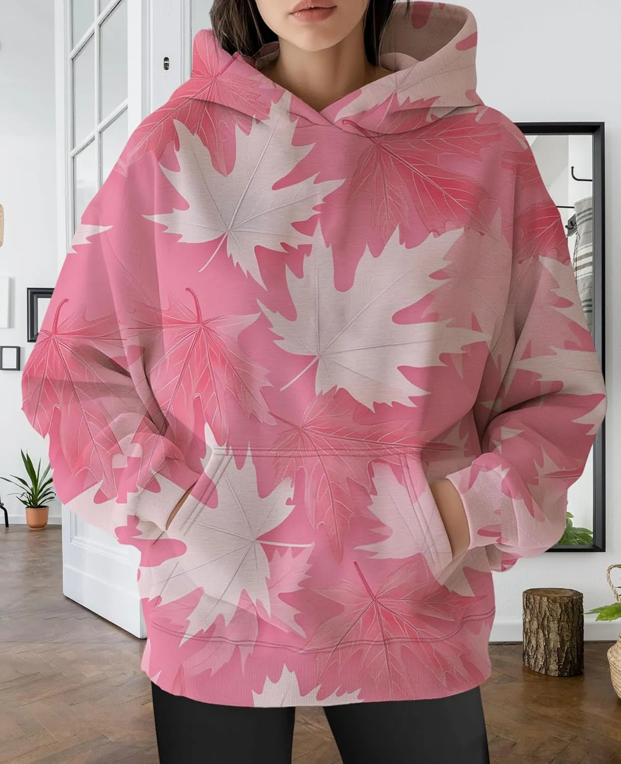 ZOCAVIA Womens Camo Hoodies Fall Winter Retro Long Sleeve Pullover Tops Casual Maple Leaf Graphic Hooded Sweatshirt Oversized