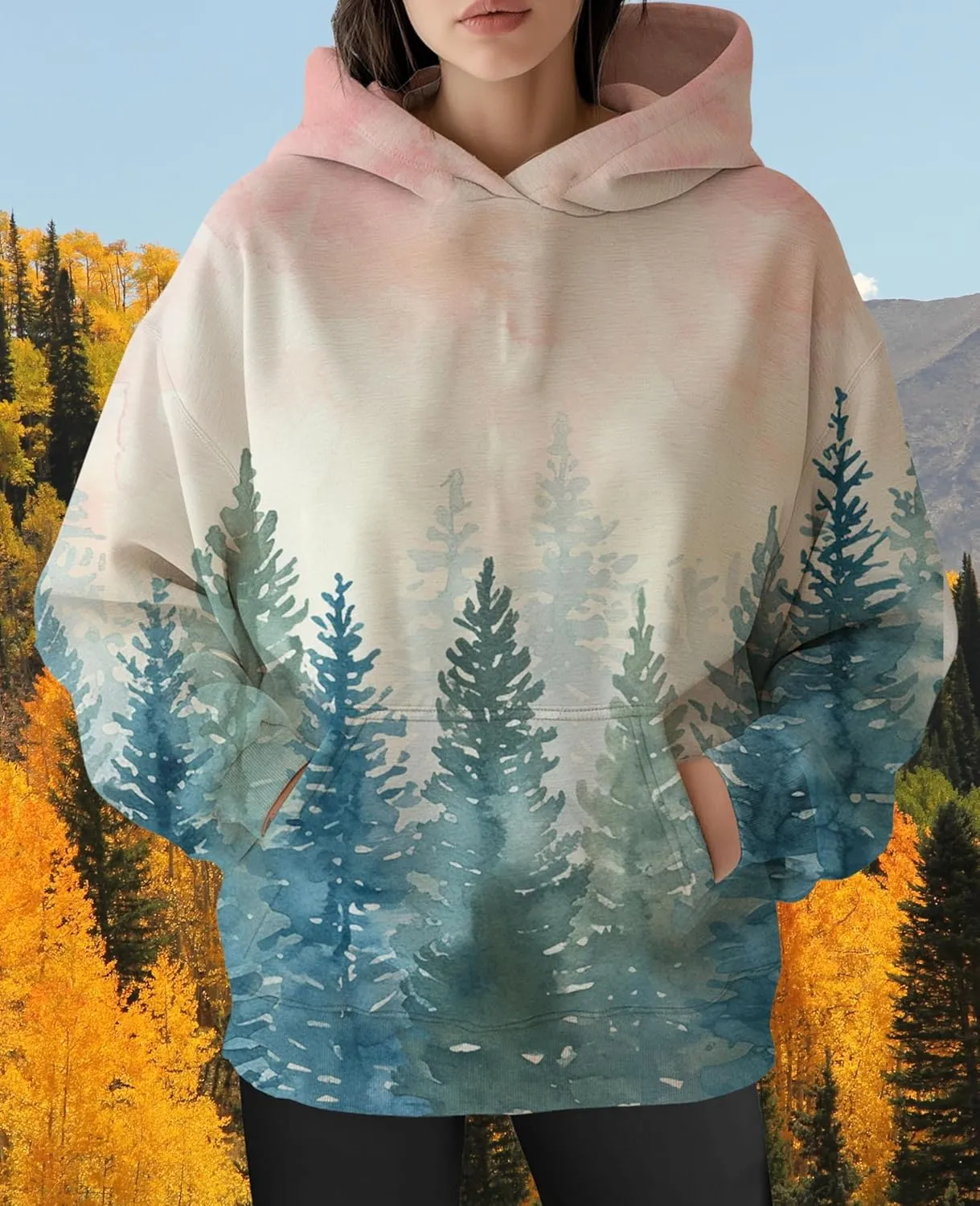 ZOCAVIA Womens Camo Hoodies Fall Winter Retro Long Sleeve Pullover Tops Casual Maple Leaf Graphic Hooded Sweatshirt Oversized