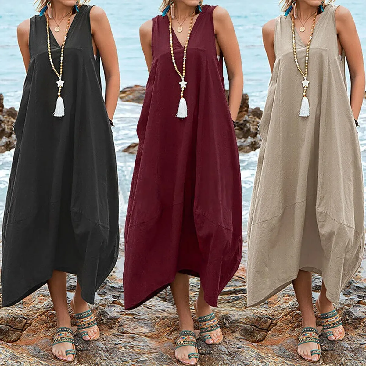 ZOCAVIA Women's Cotton Linen Sleeveless Maxi Dress Summer Loose Long Tank Dress Sundress with Pockets Beach Vacation Outfits
