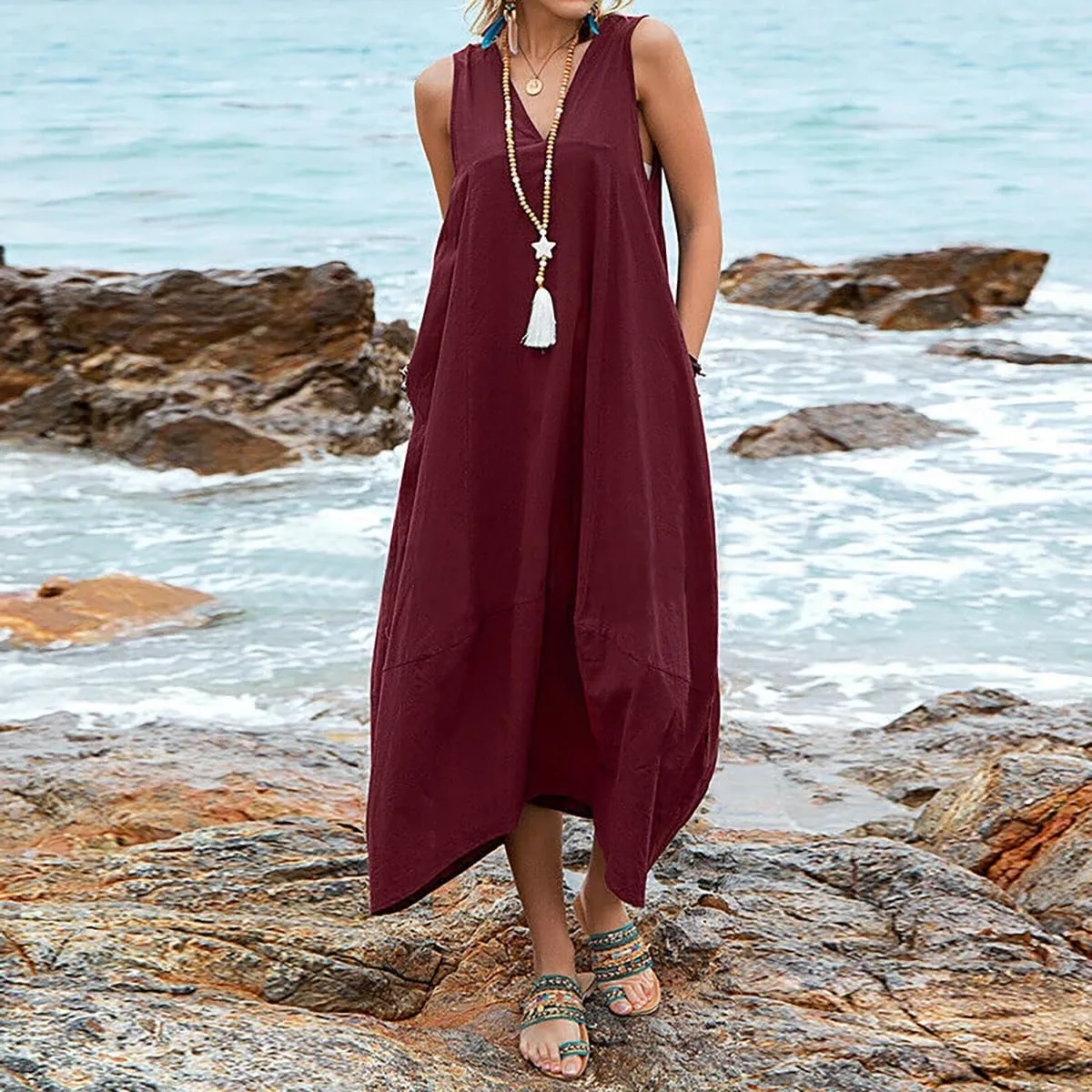 ZOCAVIA Women's Cotton Linen Sleeveless Maxi Dress Summer Loose Long Tank Dress Sundress with Pockets Beach Vacation Outfits