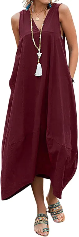 ZOCAVIA Women's Cotton Linen Sleeveless Maxi Dress Summer Loose Long Tank Dress Sundress with Pockets Beach Vacation Outfits
