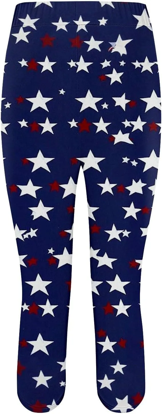 ZYXTIM American Flag Capri Leggings for Women Stretch Yoga Pants 4th of July Patriotic Star Stripes Patterned Casual Trousers