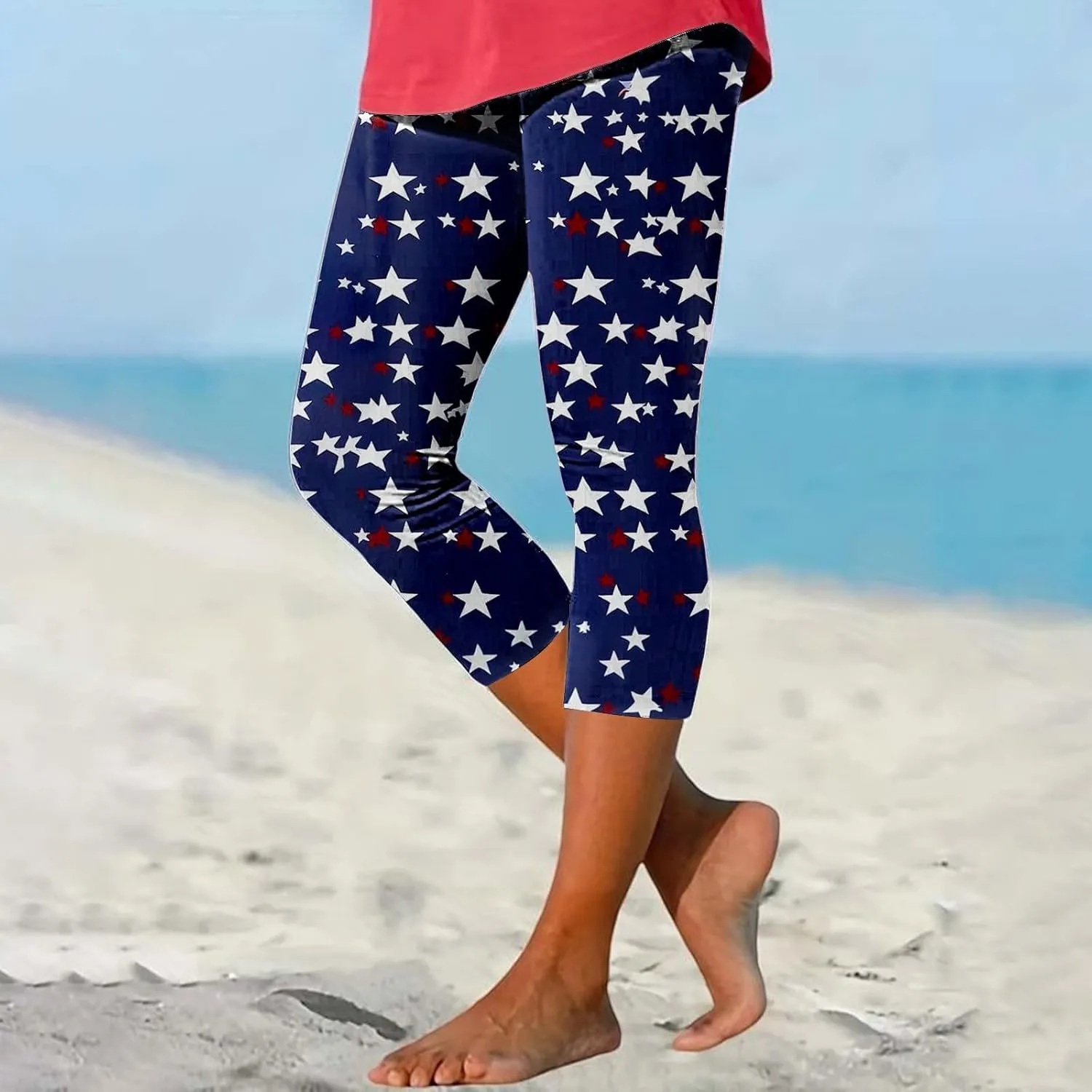 ZYXTIM American Flag Capri Leggings for Women Stretch Yoga Pants 4th of July Patriotic Star Stripes Patterned Casual Trousers