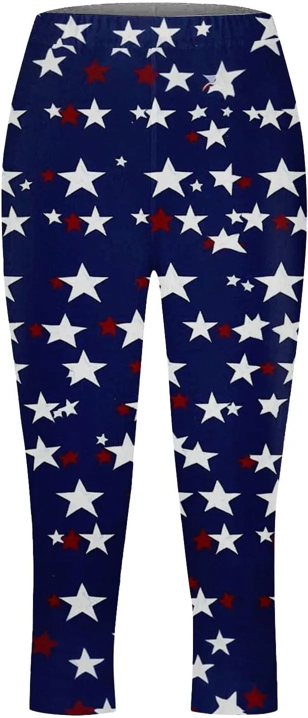 ZYXTIM American Flag Capri Leggings for Women Stretch Yoga Pants 4th of July Patriotic Star Stripes Patterned Casual Trousers
