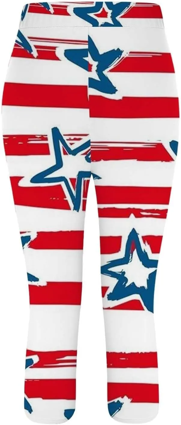 ZYXTIM American Flag Capri Leggings for Women Stretch Yoga Pants 4th of July Patriotic Star Stripes Patterned Casual Trousers