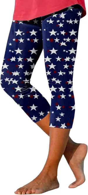 ZYXTIM American Flag Capri Leggings for Women Stretch Yoga Pants 4th of July Patriotic Star Stripes Patterned Casual Trousers