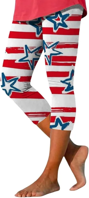 ZYXTIM American Flag Capri Leggings for Women Stretch Yoga Pants 4th of July Patriotic Star Stripes Patterned Casual Trousers