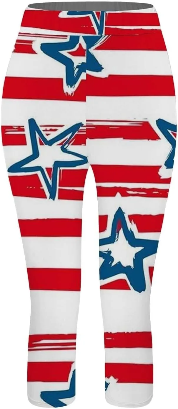 ZYXTIM American Flag Capri Leggings for Women Stretch Yoga Pants 4th of July Patriotic Star Stripes Patterned Casual Trousers